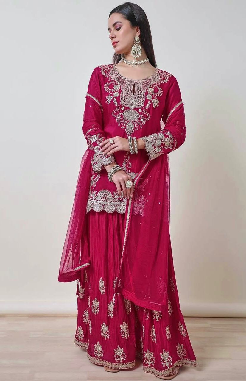 Fuchsia Zari Embroidered Chinon Sharara Set With Dupatta