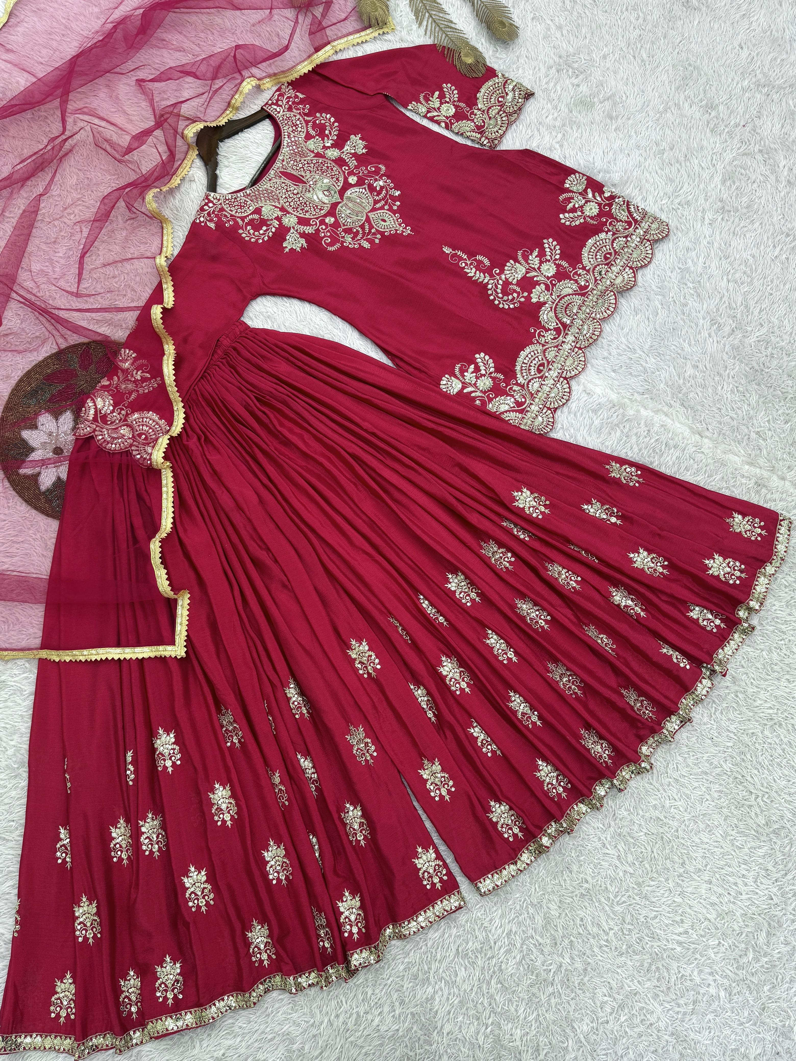 Fuchsia Zari Embroidered Chinon Sharara Set With Dupatta