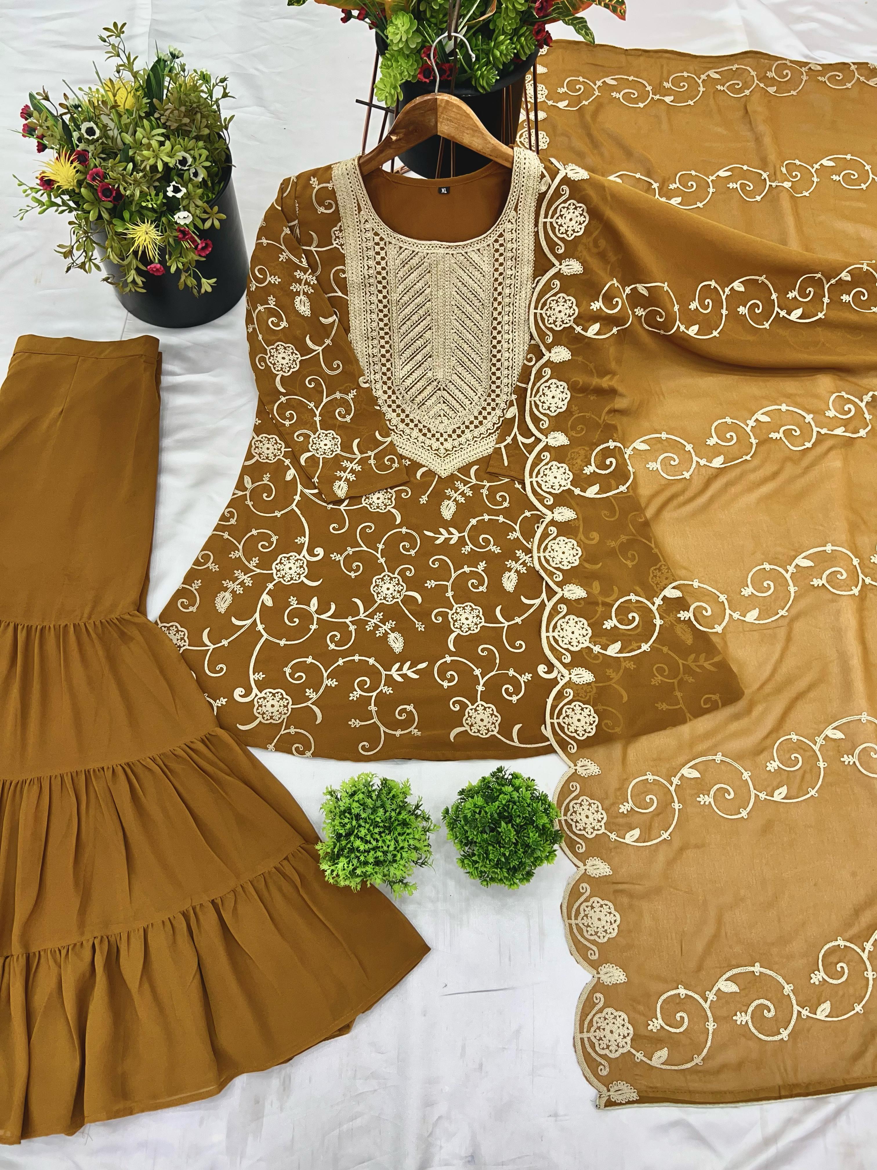 Heavy Georgette Top-Sharara & Dupatta Set