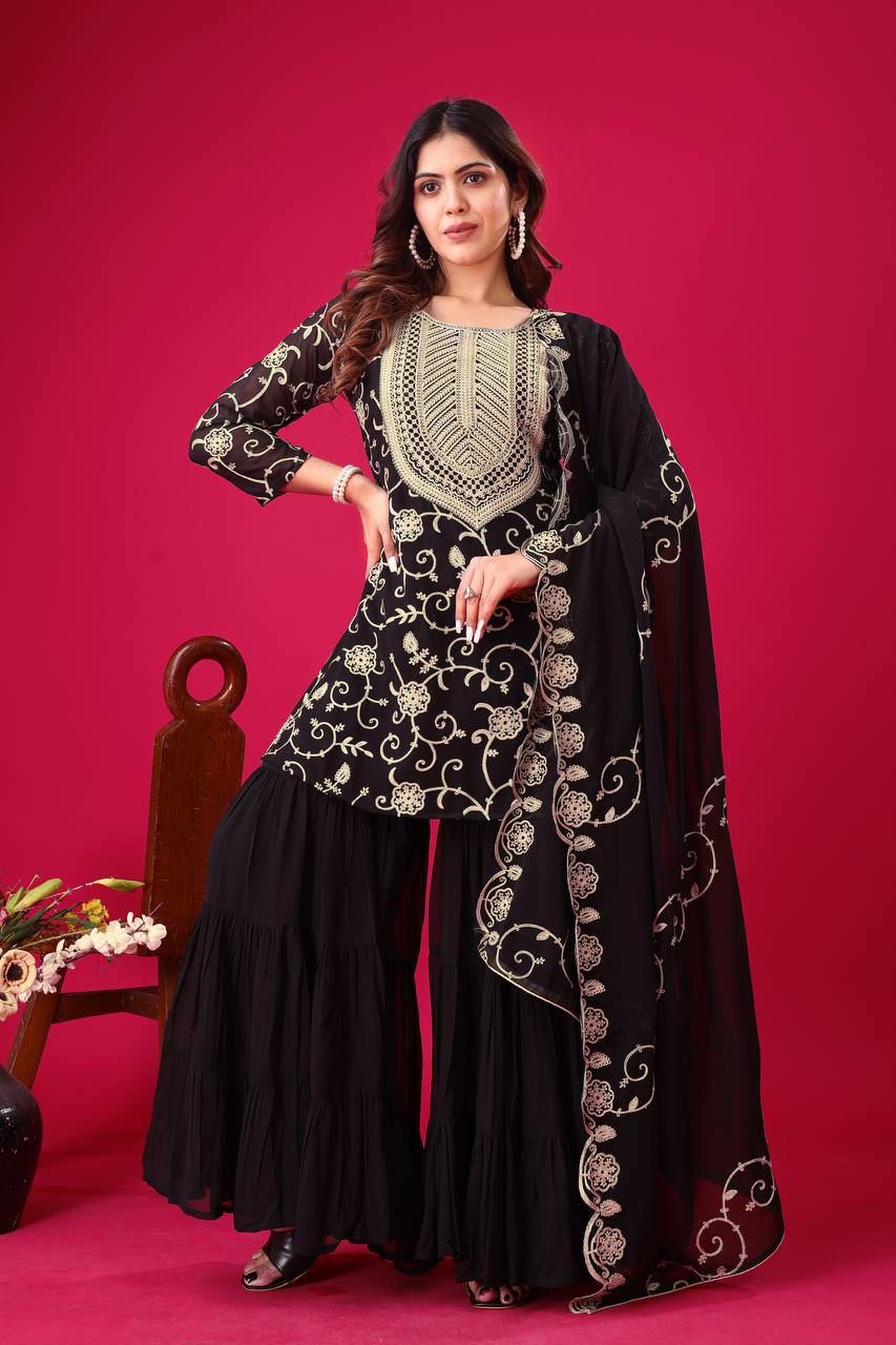 Heavy Georgette Top-Sharara & Dupatta Set