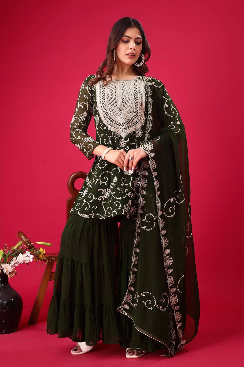 Heavy Georgette Top-Sharara & Dupatta Set