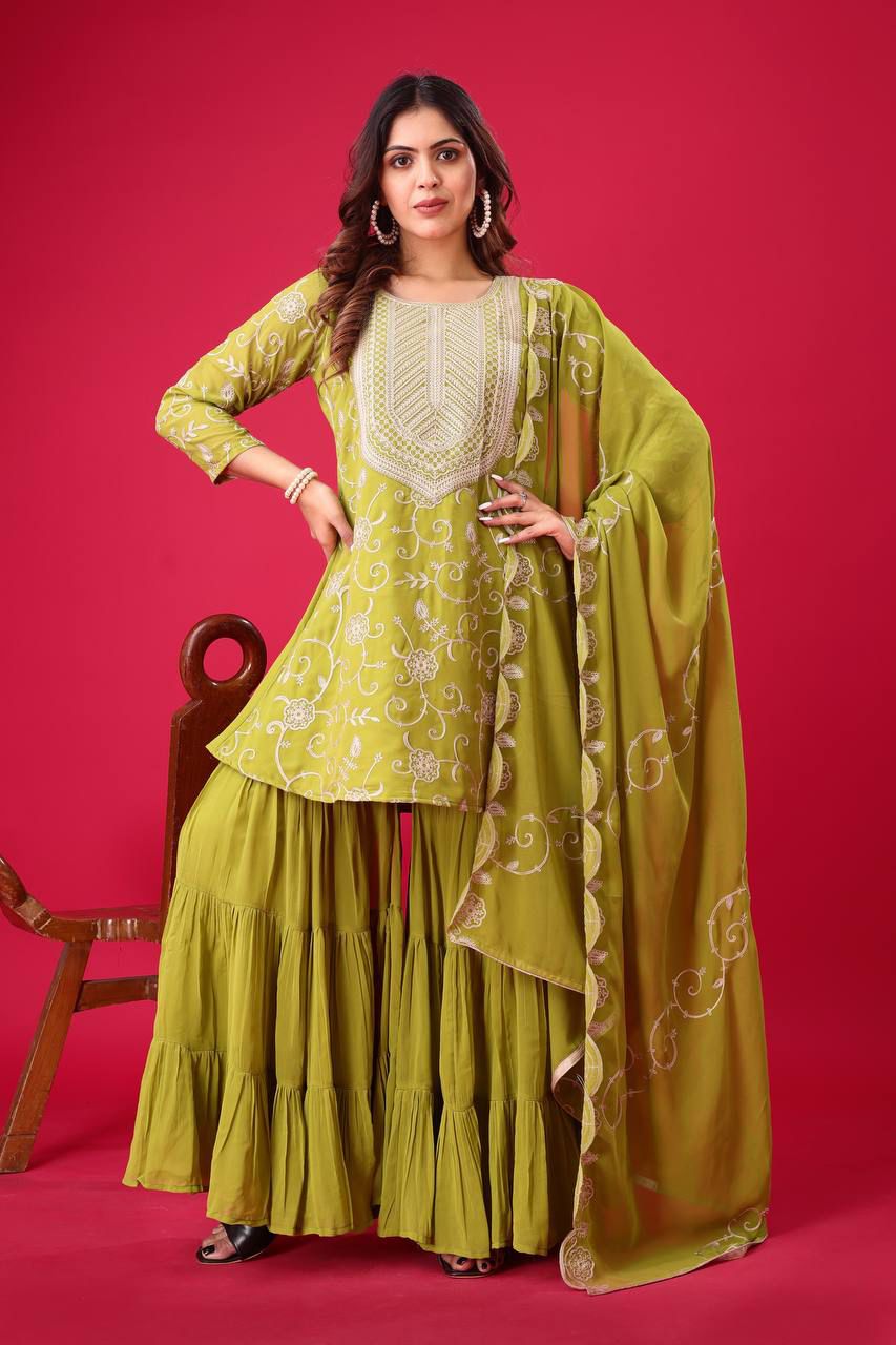Heavy Georgette Top-Sharara & Dupatta Set