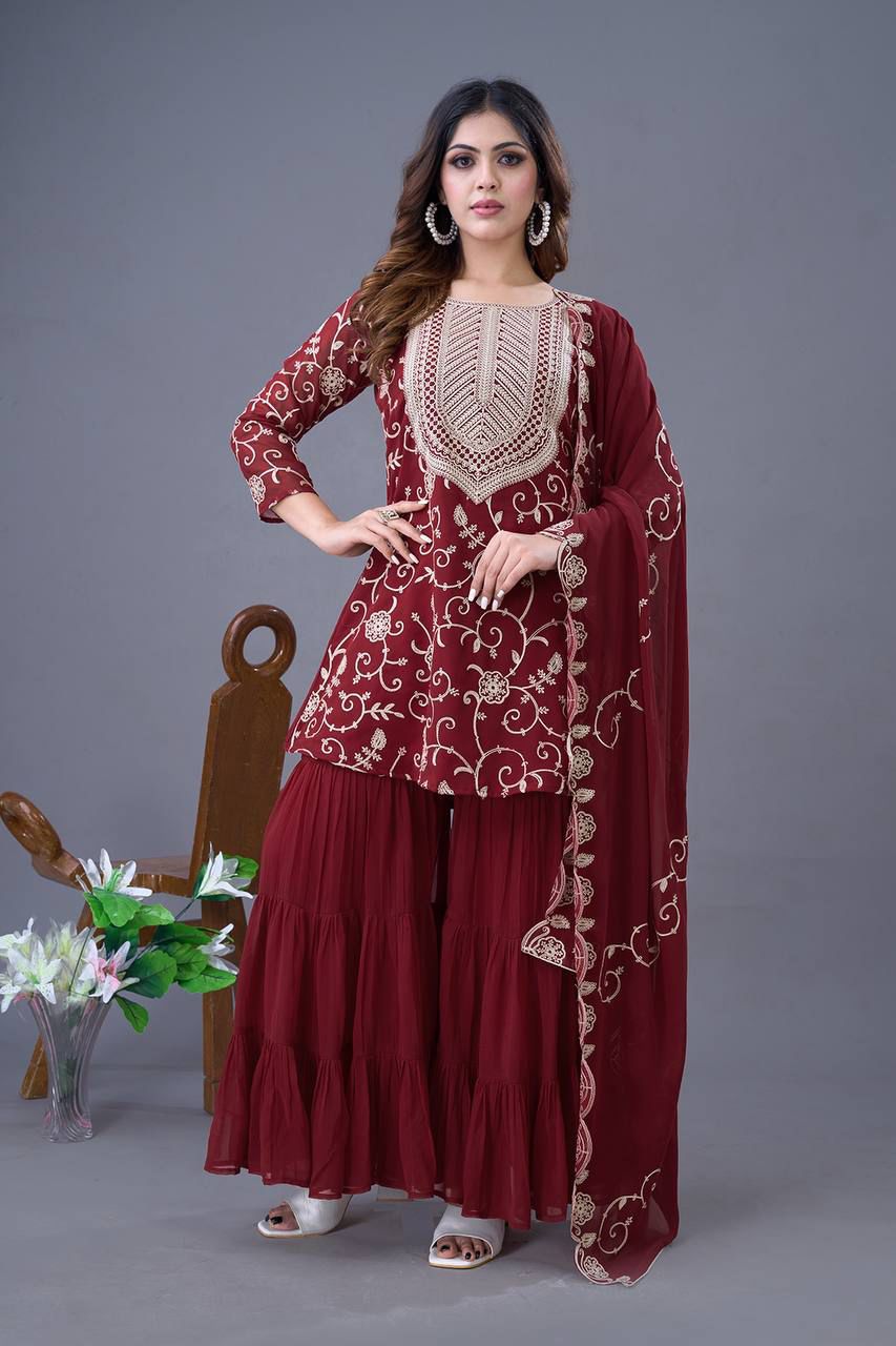 Heavy Georgette Top-Sharara & Dupatta Set