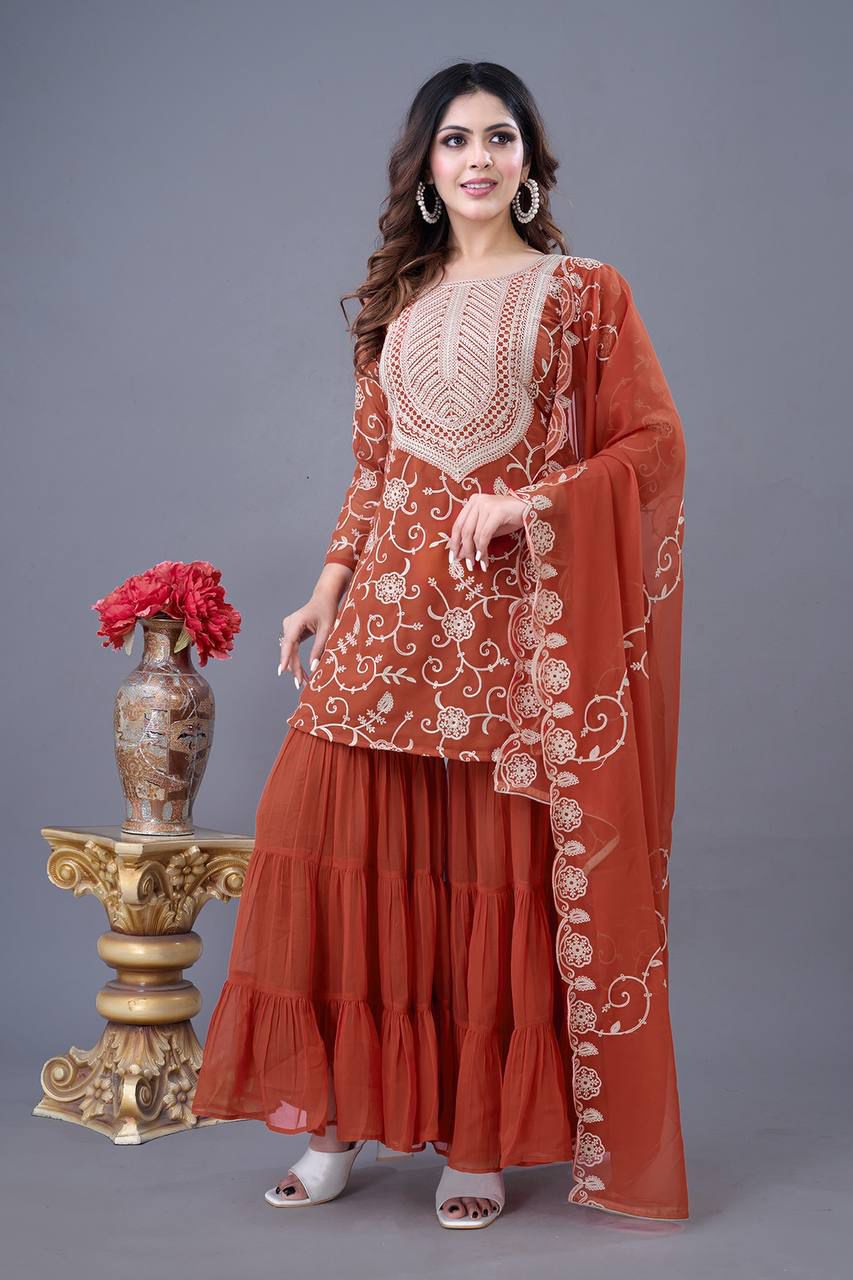 Heavy Georgette Top-Sharara & Dupatta Set