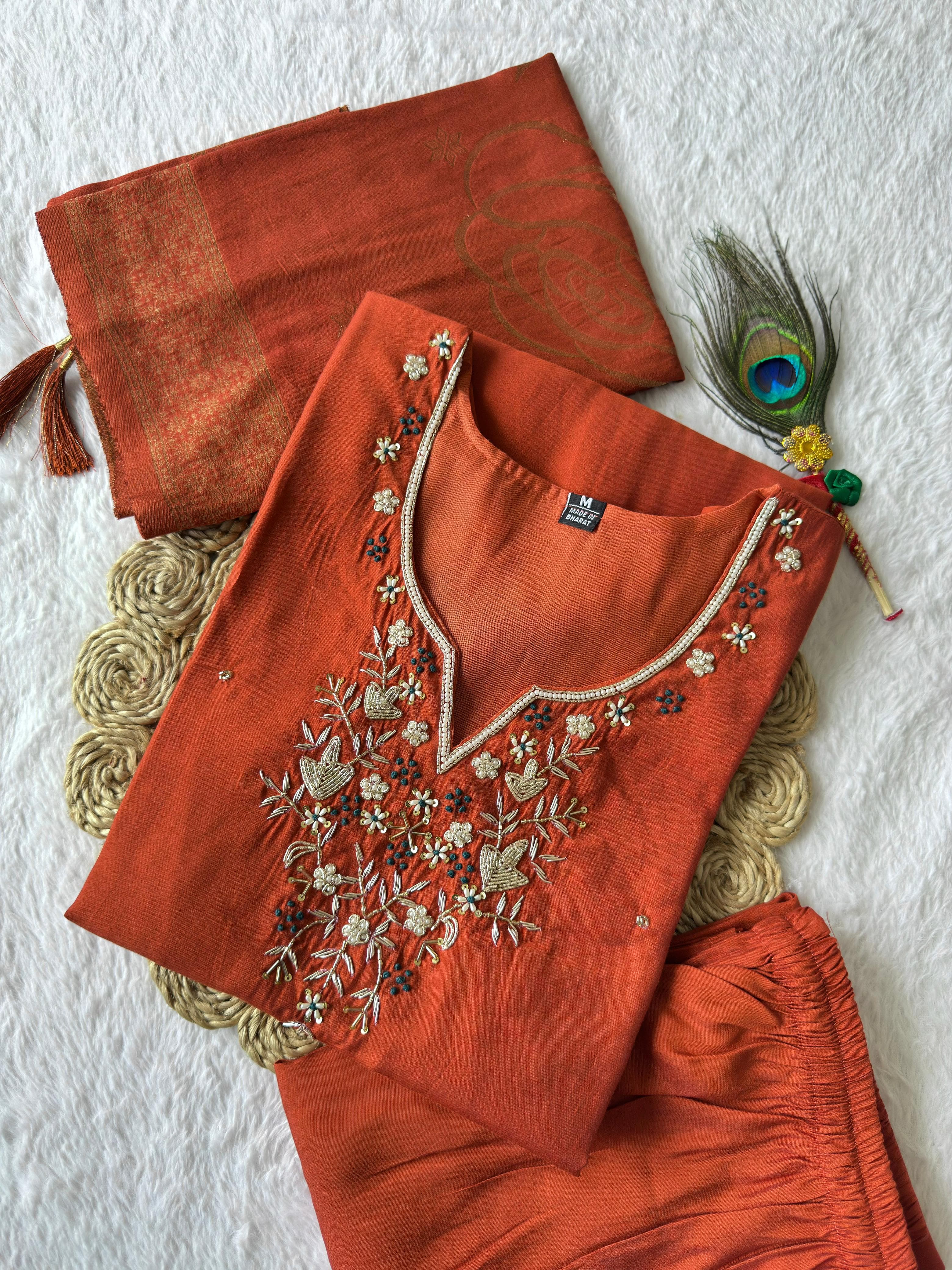 Elegant Rust Orange Embroidered Kurta Set with Dupatta
