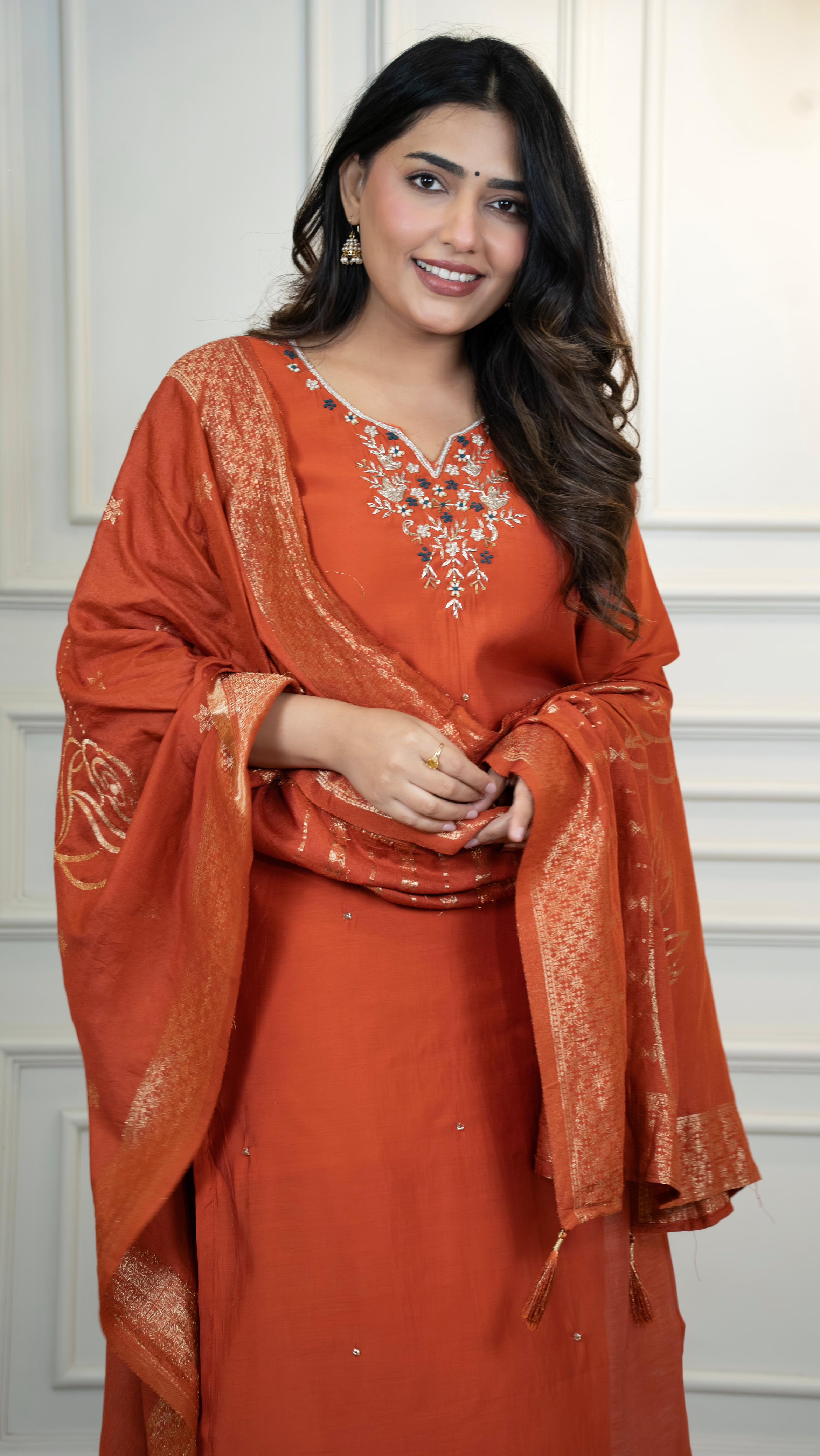 Elegant Rust Orange Embroidered Kurta Set with Dupatta