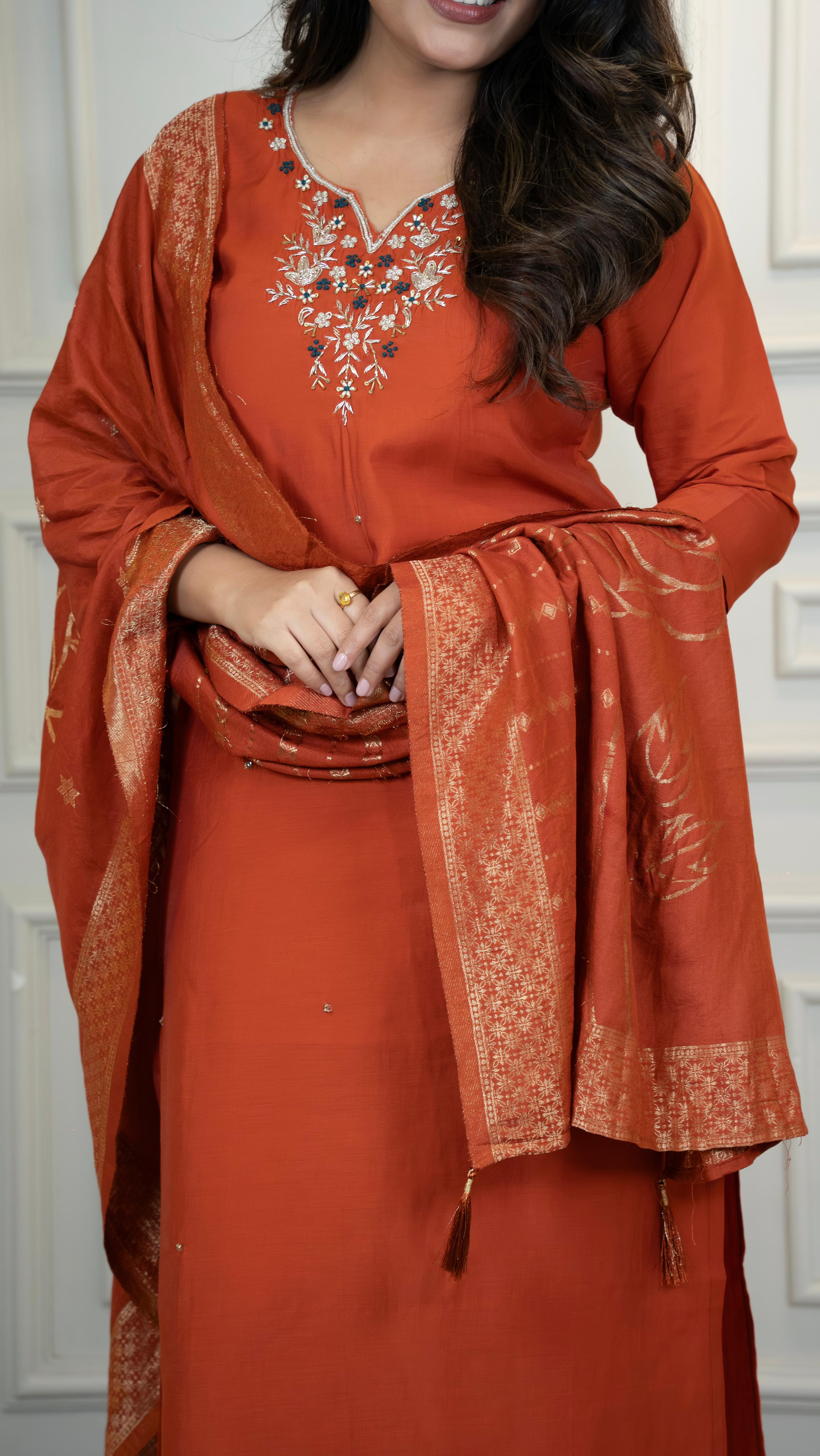 Elegant Rust Orange Embroidered Kurta Set with Dupatta