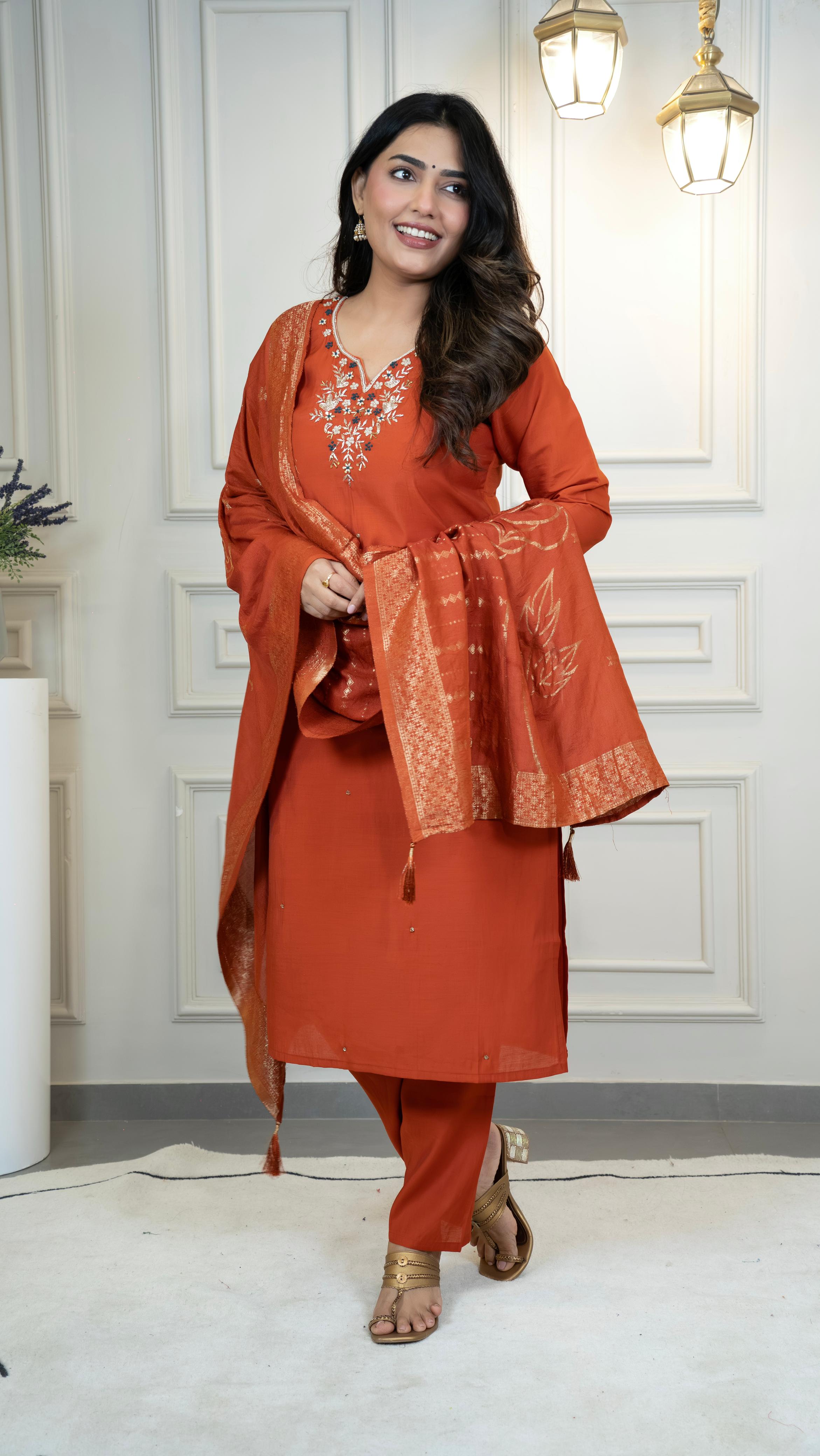 Elegant Rust Orange Embroidered Kurta Set with Dupatta