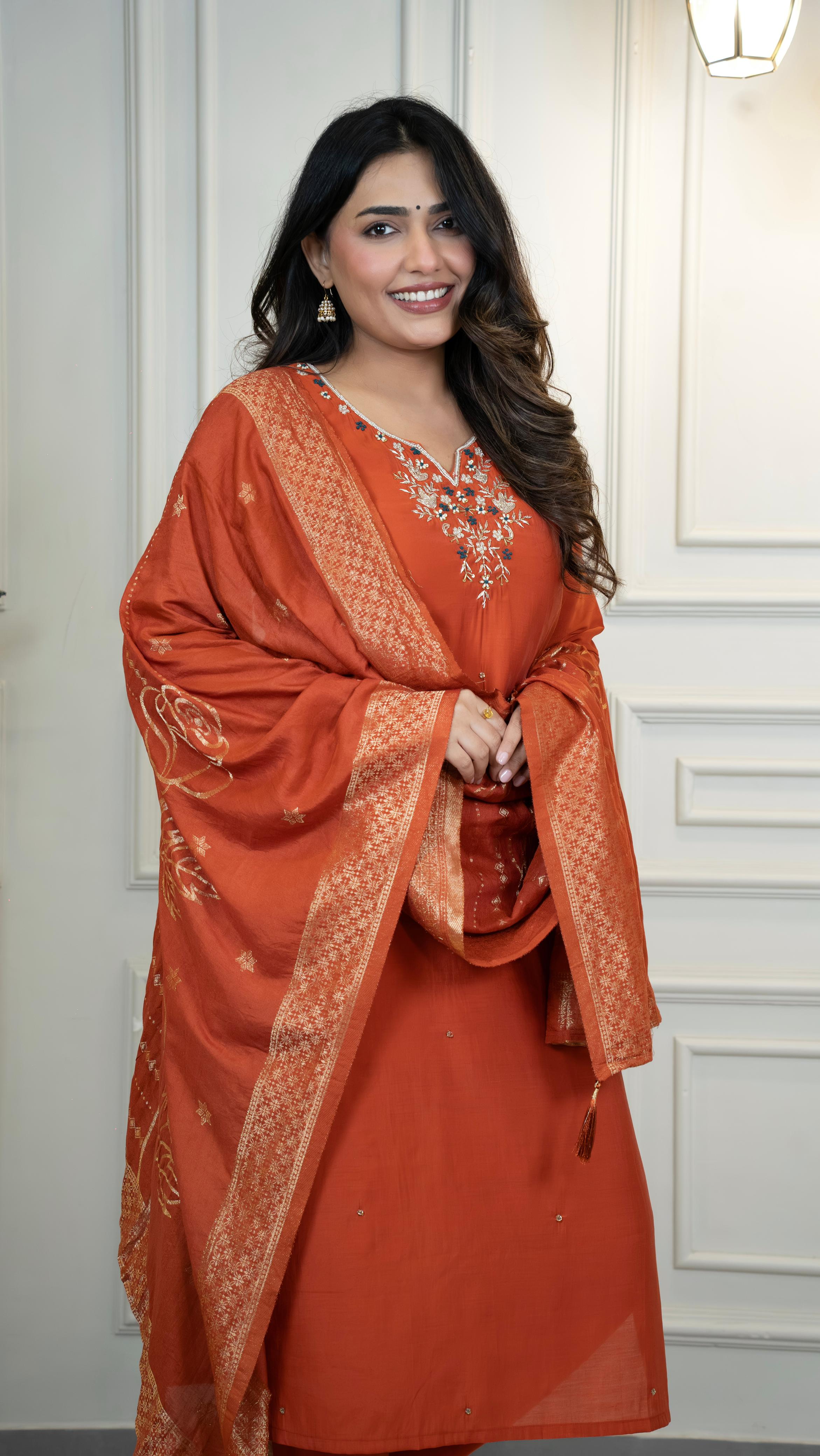 Elegant Rust Orange Embroidered Kurta Set with Dupatta