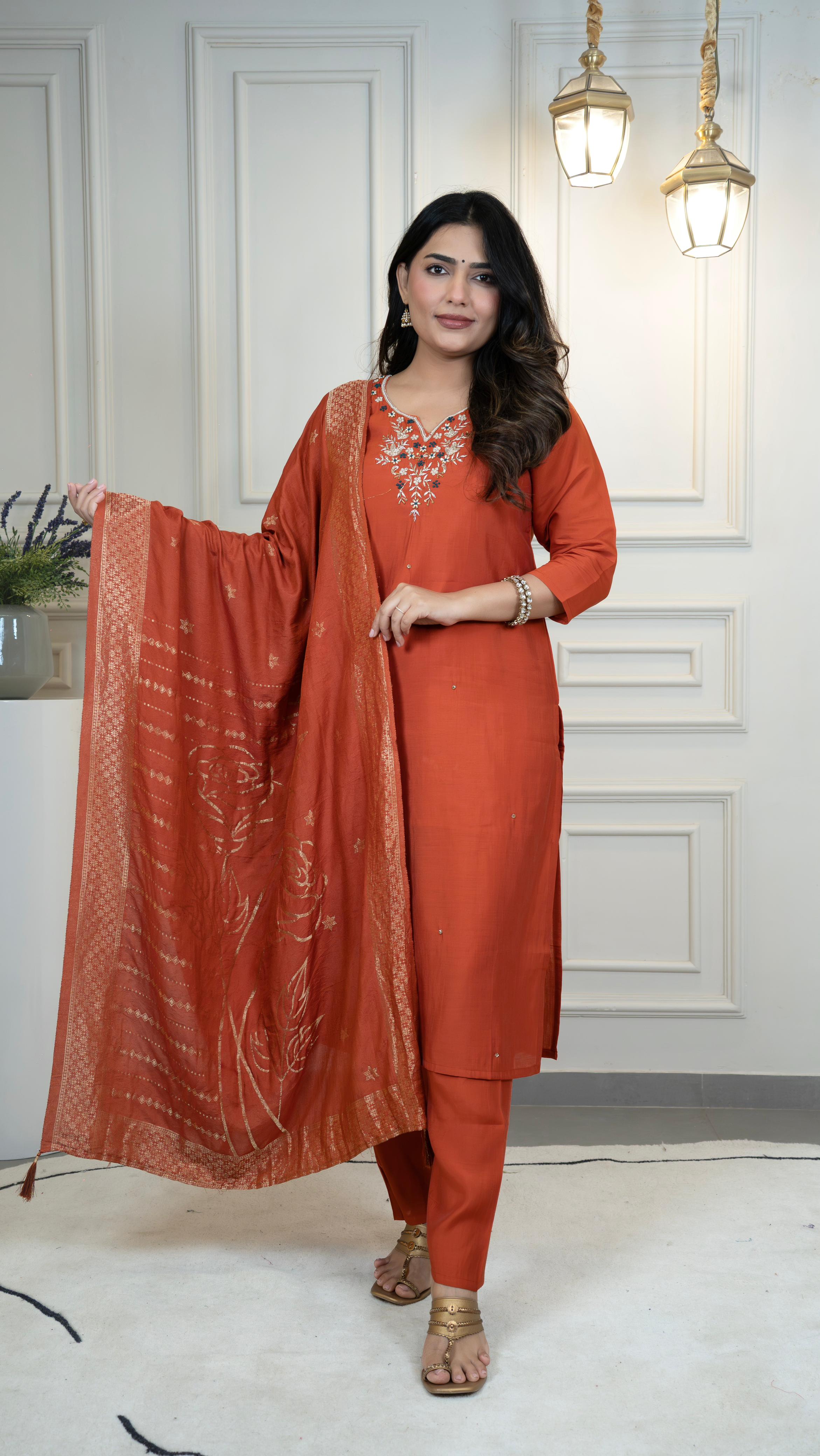 Elegant Rust Orange Embroidered Kurta Set with Dupatta