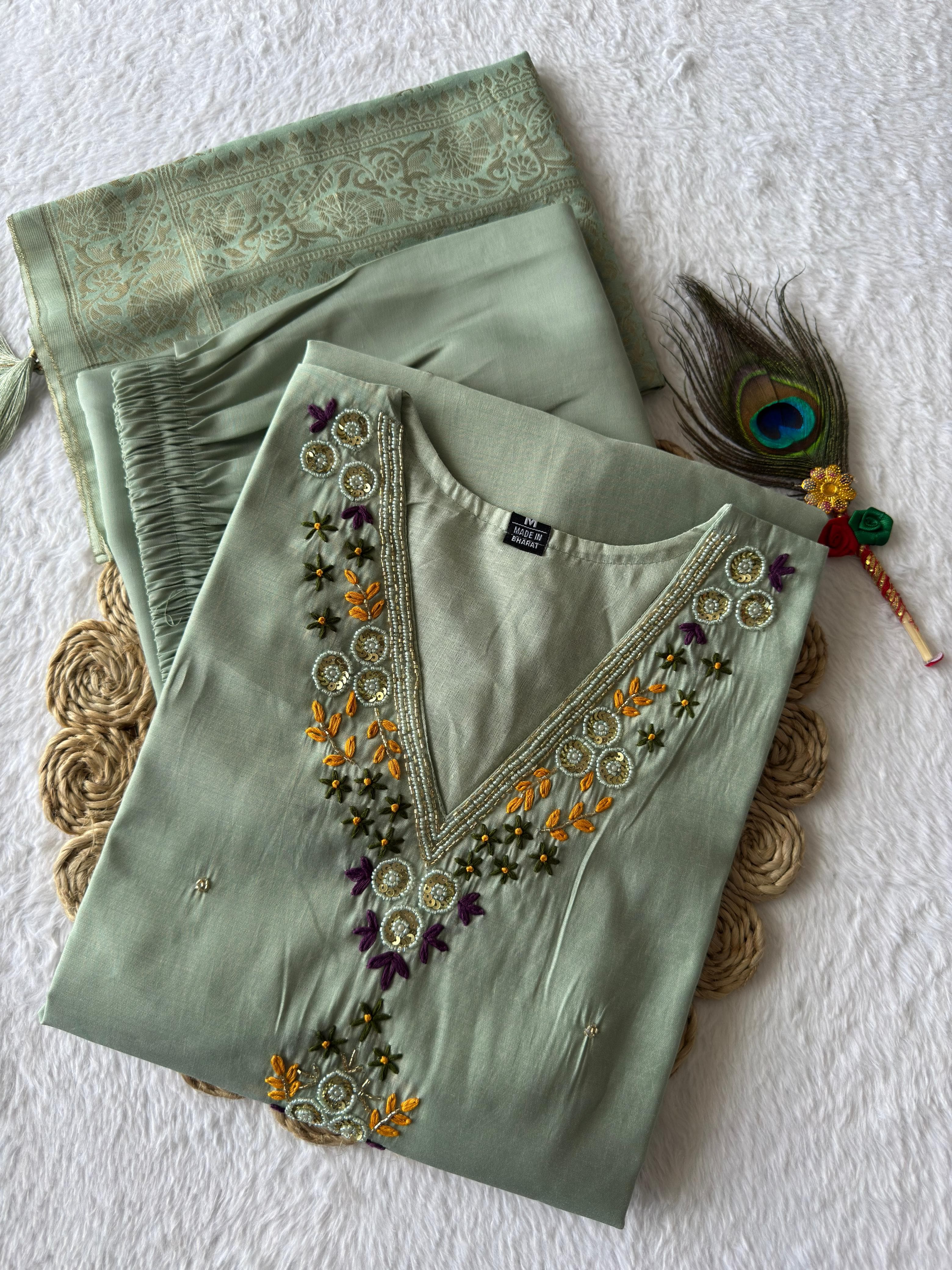 Pista Green Roman Silk Kurti Set with Graceful Chanderi Dupatta