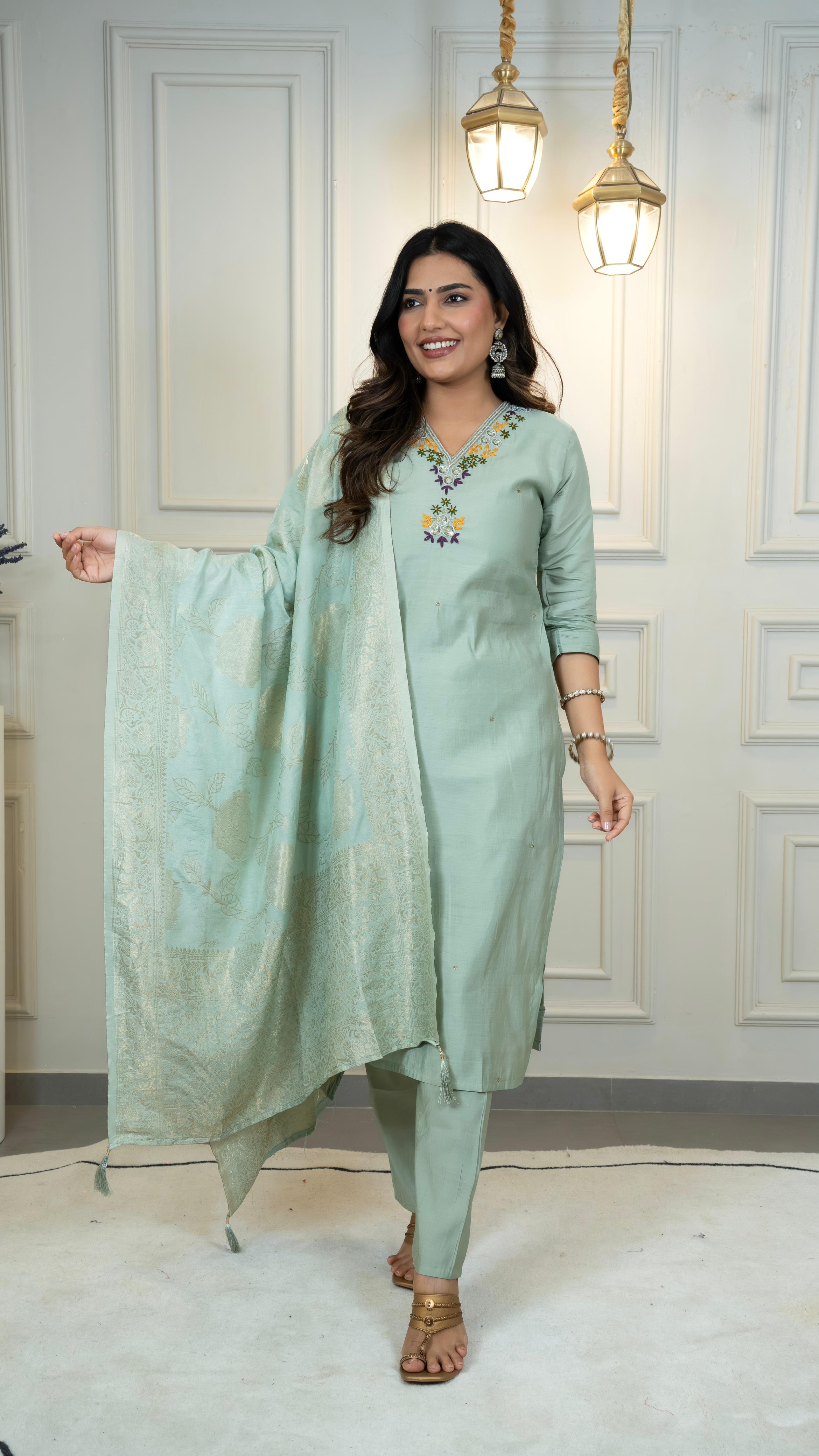 Pista Green Roman Silk Kurti Set with Graceful Chanderi Dupatta