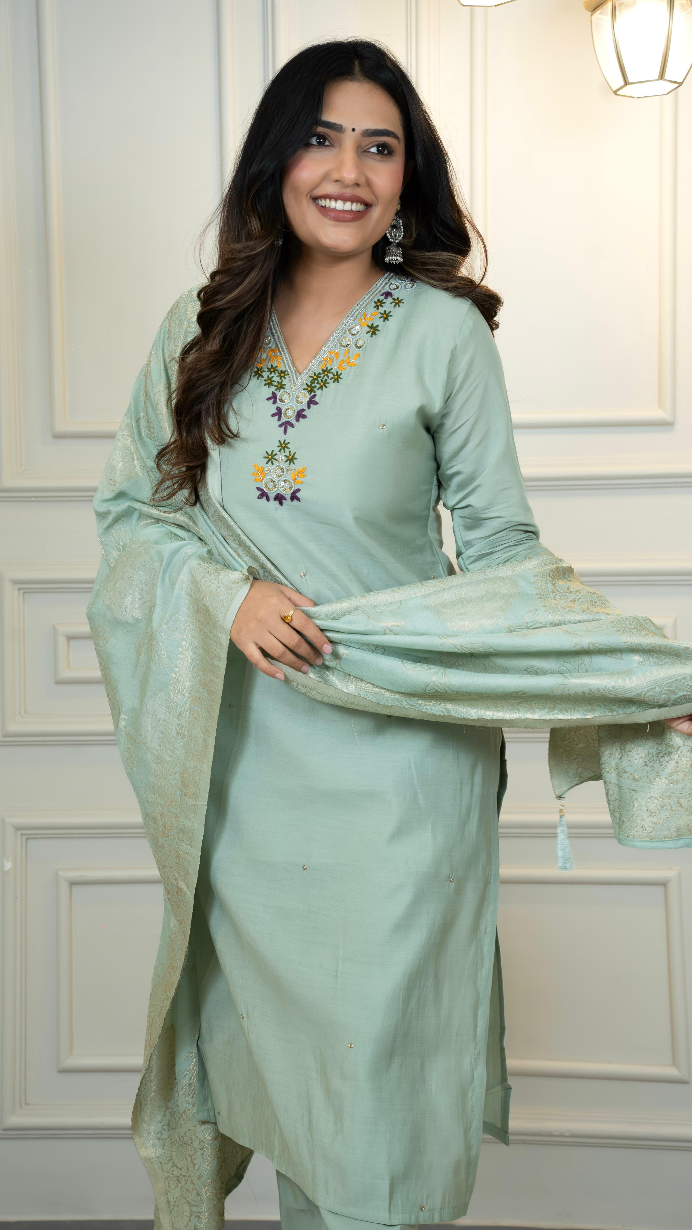 Pista Green Roman Silk Kurti Set with Graceful Chanderi Dupatta