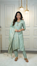 Pista Green Roman Silk Kurti Set with Graceful Chanderi Dupatta