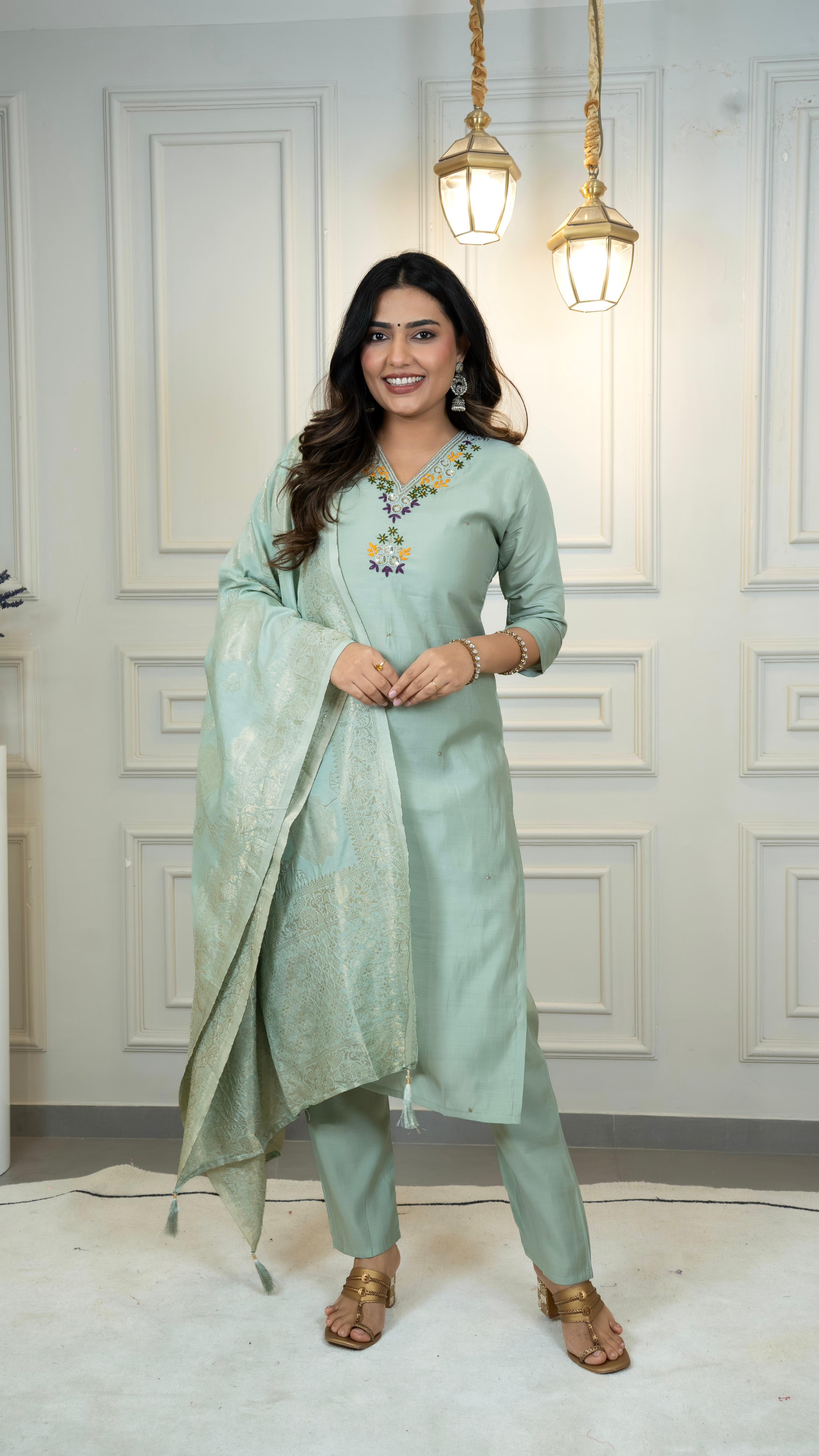 Pista Green Roman Silk Kurti Set with Graceful Chanderi Dupatta