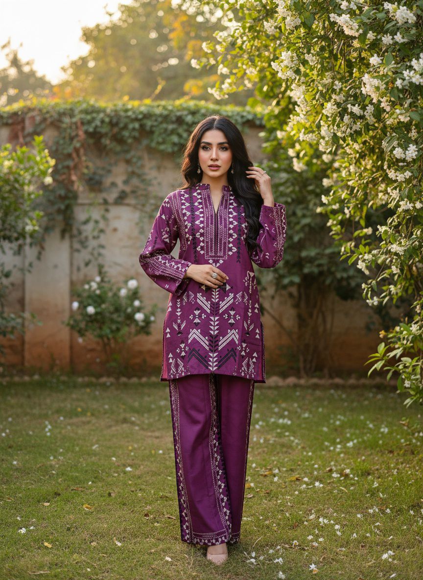 Embroidered Cotton Kurti with Straight Pants Set
