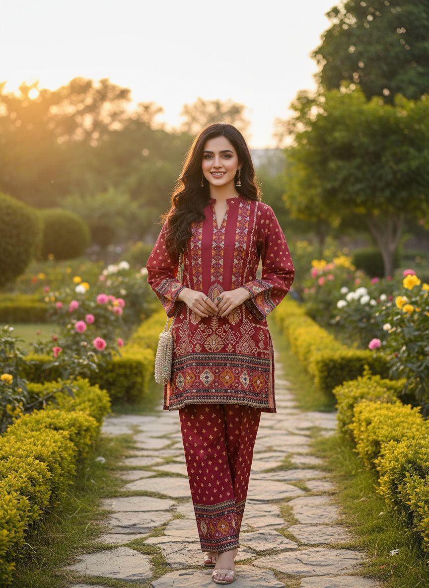 Embroidered Cotton Kurti with Straight Pants Set