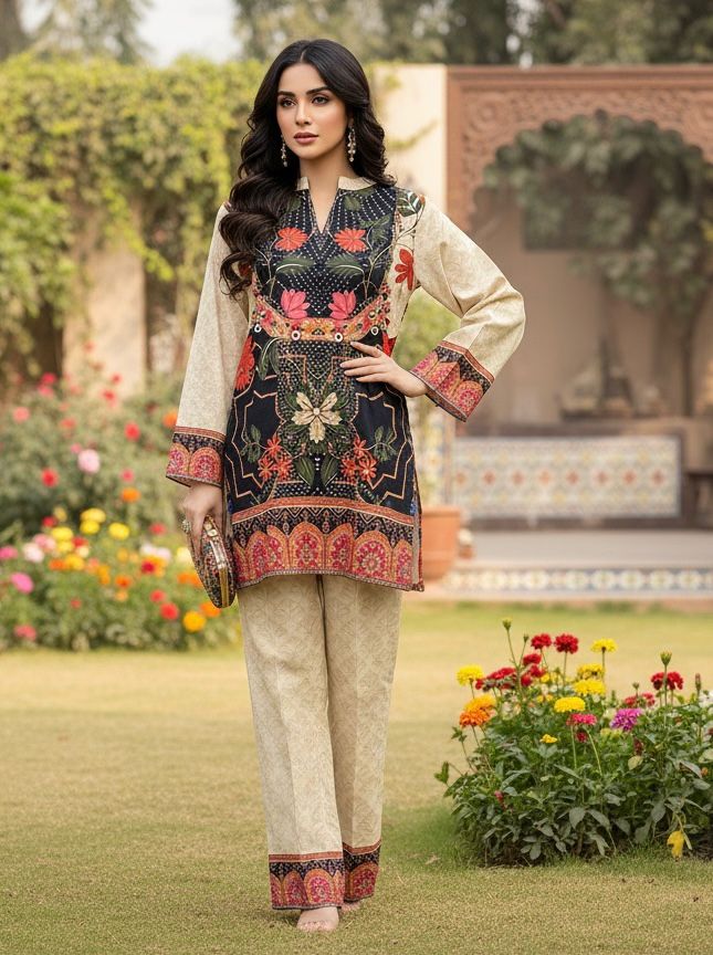Embroidered Cotton Kurti with Straight Pants Set