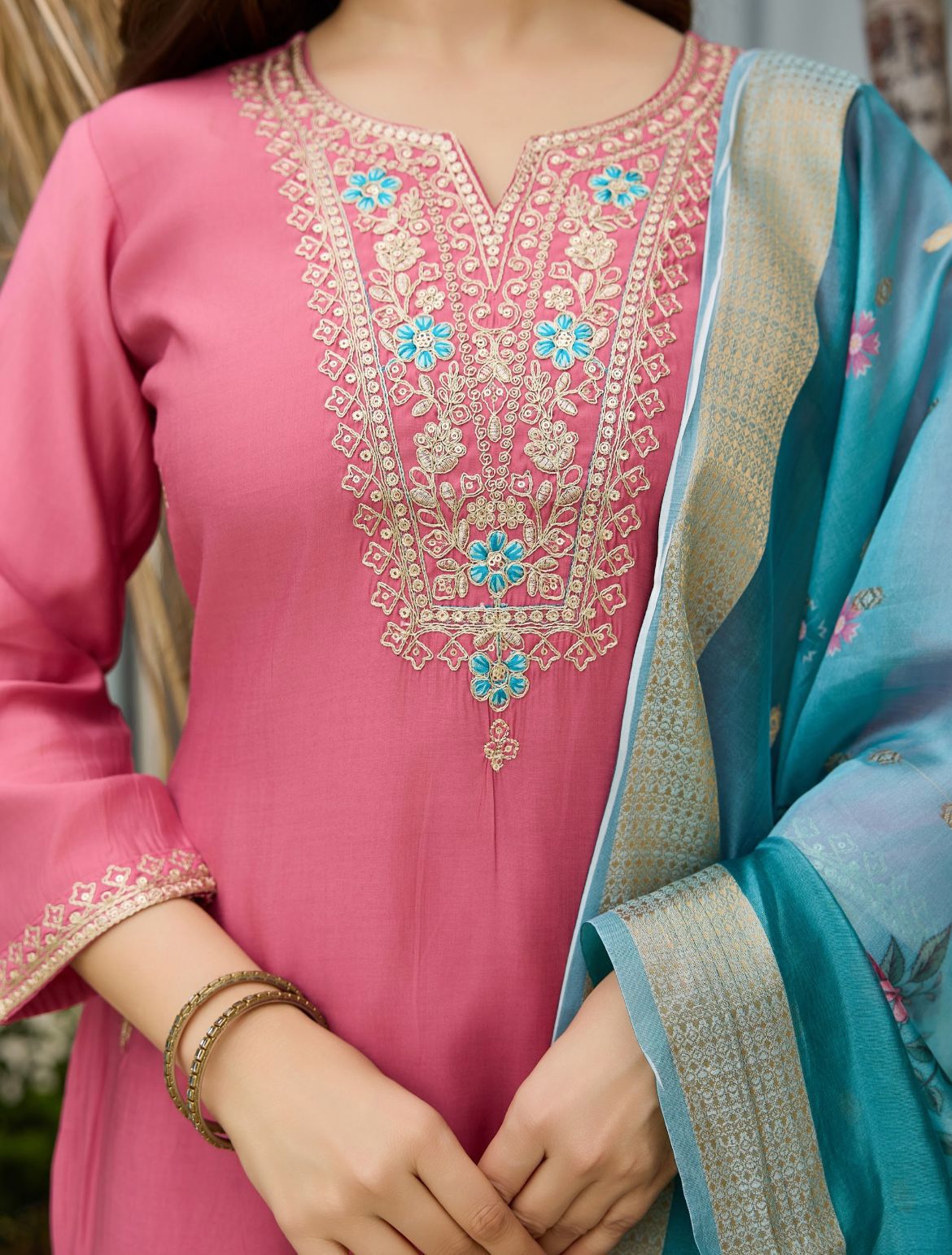 Pink Viscose Embroidered Straight Kurta