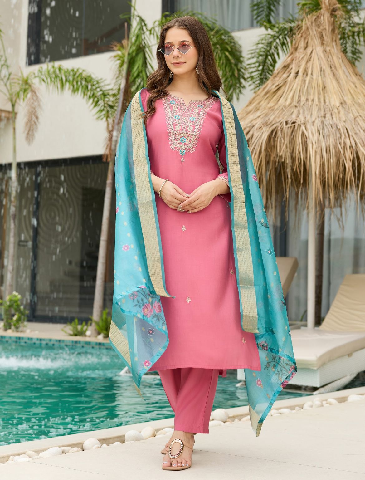 Pink Viscose Embroidered Straight Kurta