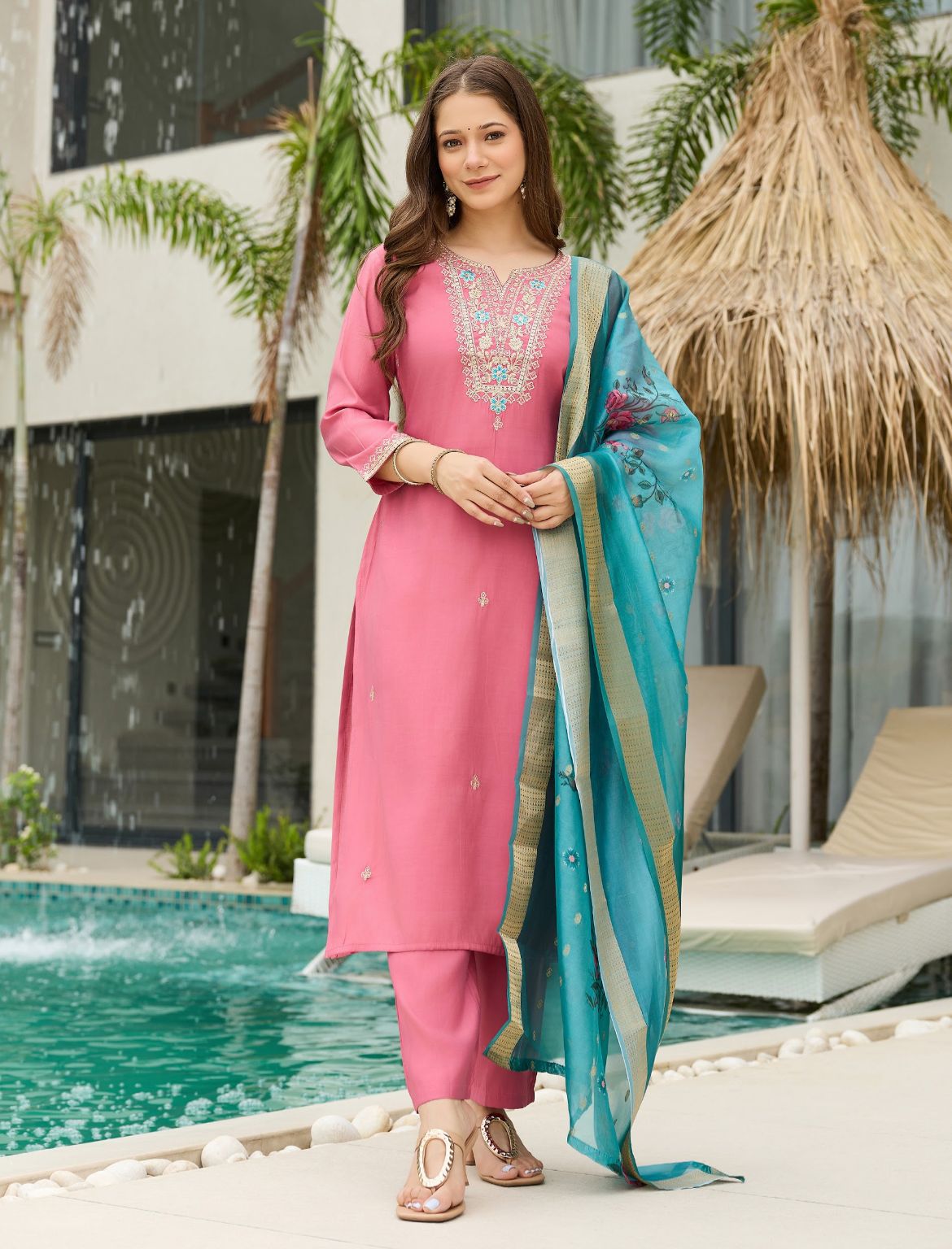 Pink Viscose Embroidered Straight Kurta