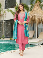 Pink Viscose Embroidered Straight Kurta