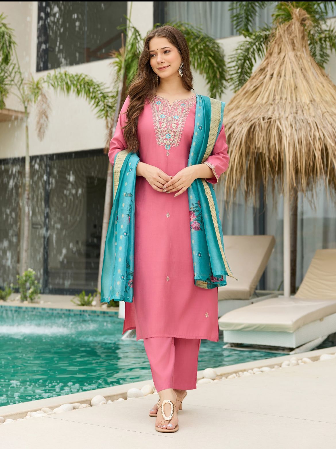Pink Viscose Embroidered Straight Kurta