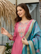 Pink Viscose Embroidered Straight Kurta