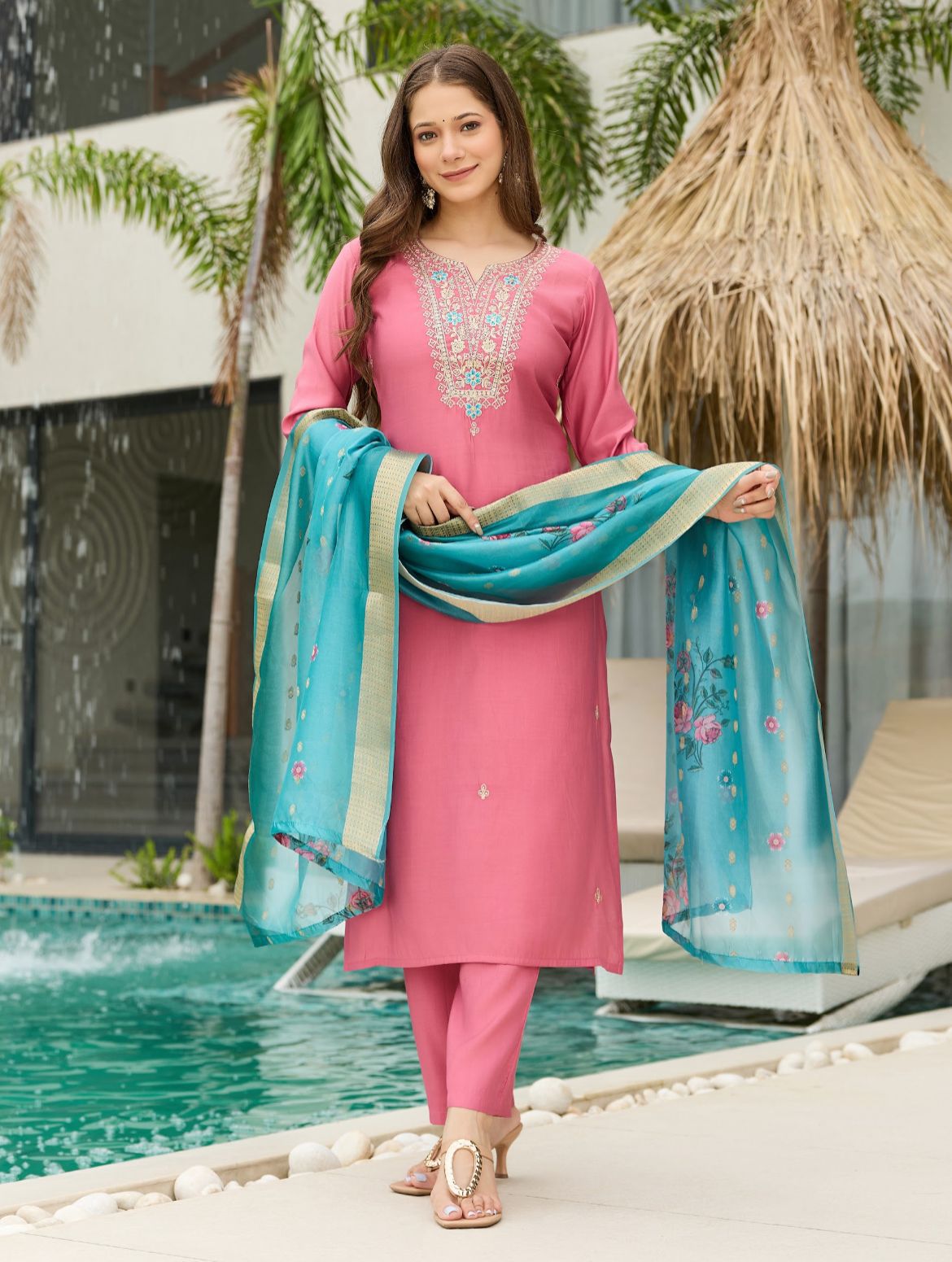 Pink Viscose Embroidered Straight Kurta