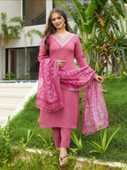 Pink Women's Rayon Embroidered Kurta Set with Pant & Dupatta