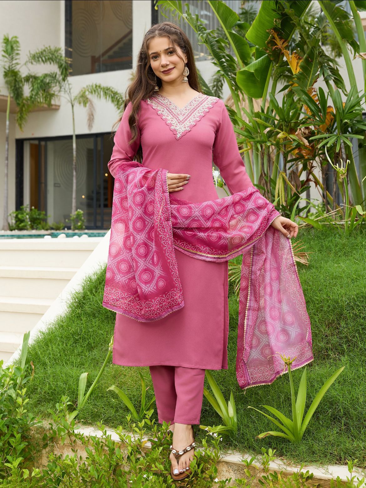 Pink Women's Rayon Embroidered Kurta Set with Pant & Dupatta
