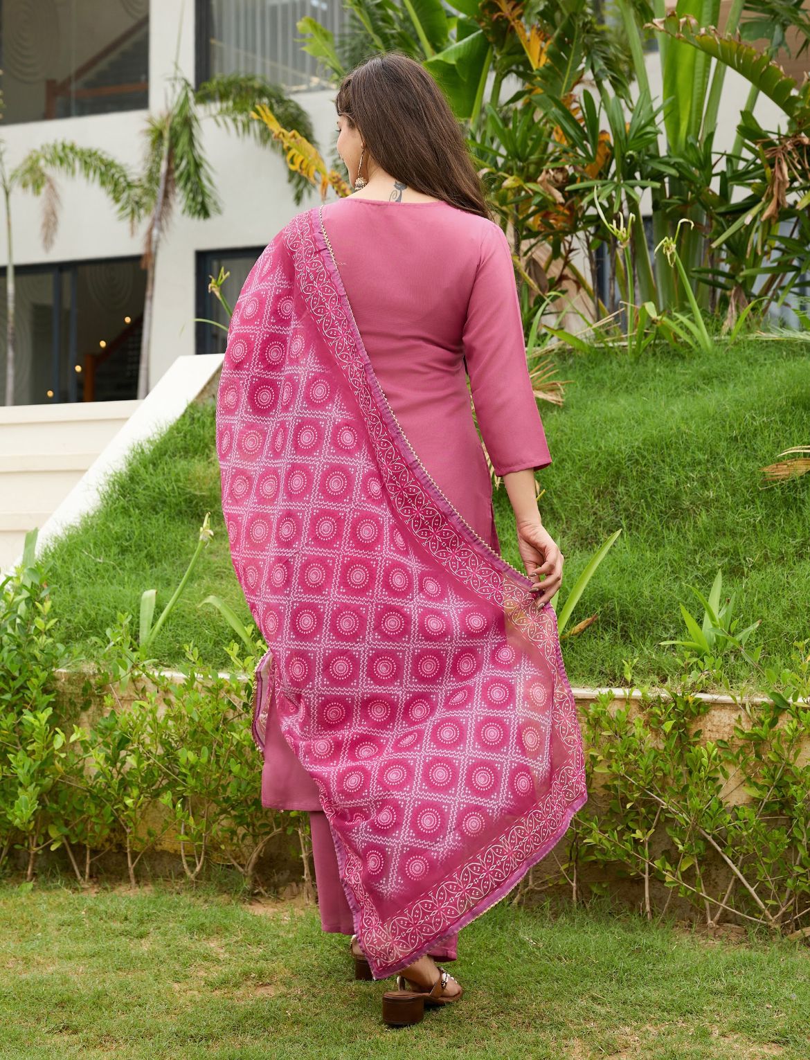 Pink Women's Rayon Embroidered Kurta Set with Pant & Dupatta