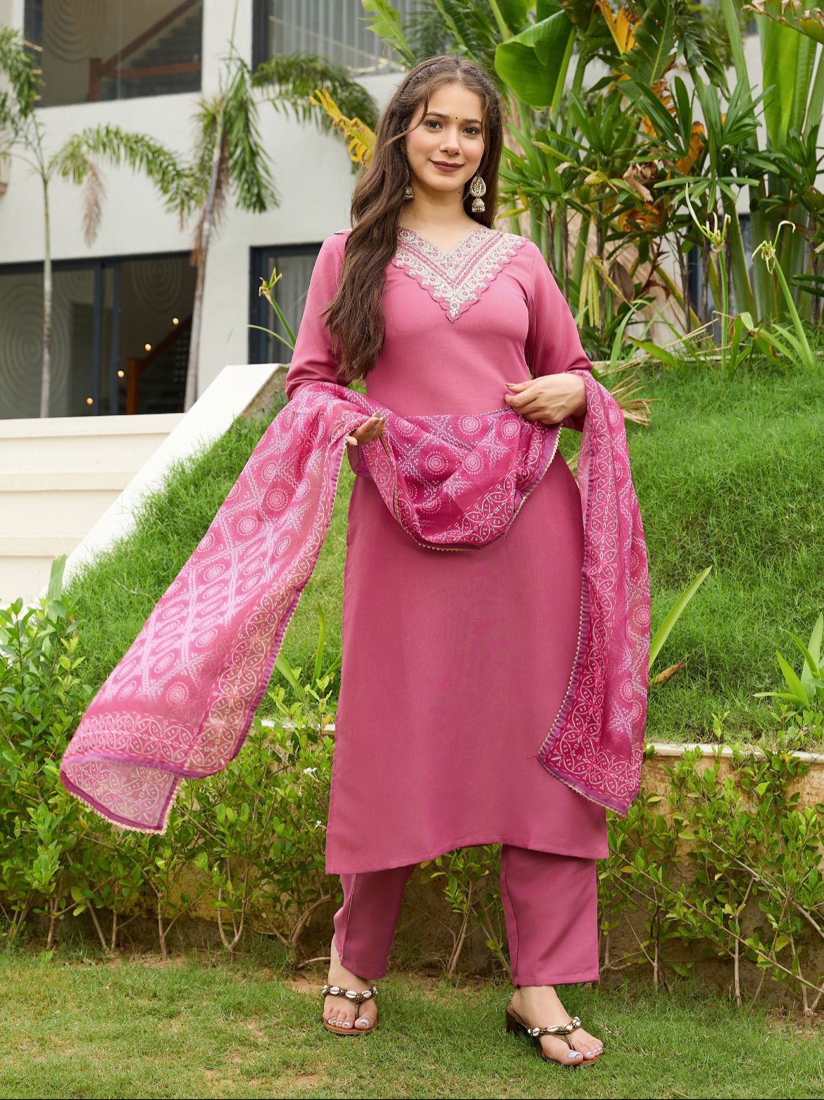 Pink Women's Rayon Embroidered Kurta Set with Pant & Dupatta