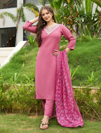 Pink Women's Rayon Embroidered Kurta Set with Pant & Dupatta
