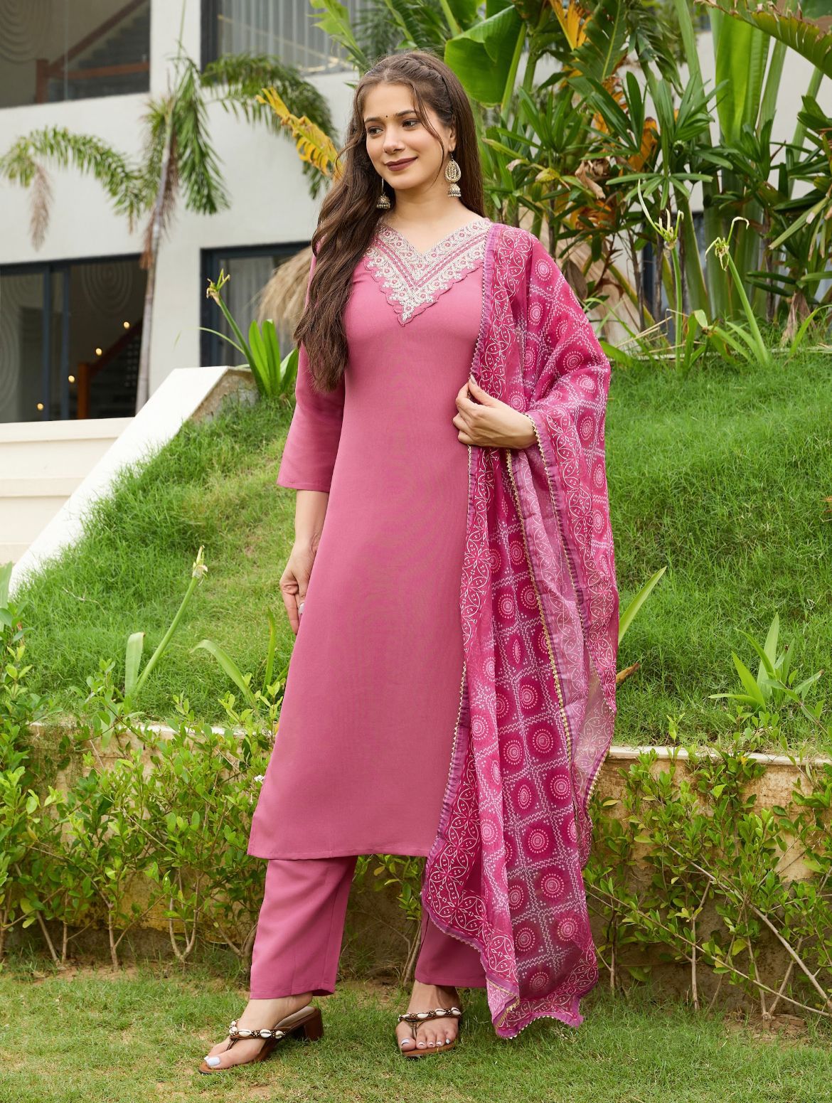 Pink Women's Rayon Embroidered Kurta Set with Pant & Dupatta