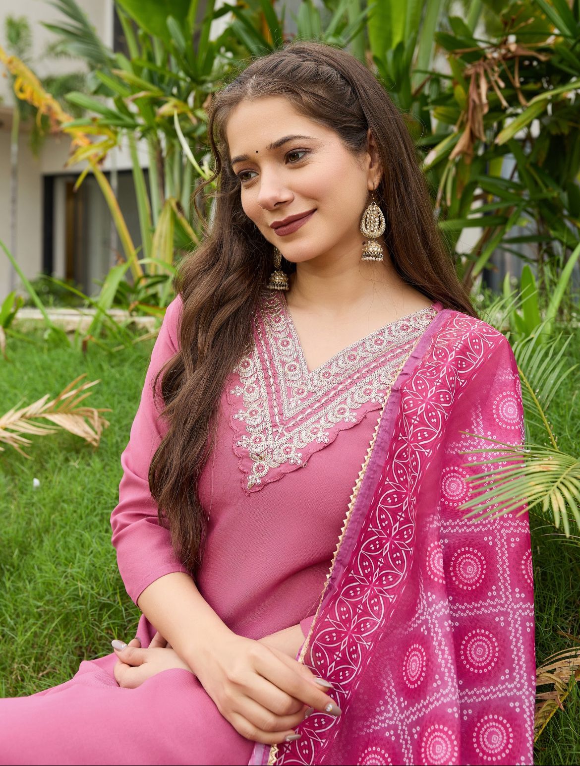 Pink Women's Rayon Embroidered Kurta Set with Pant & Dupatta