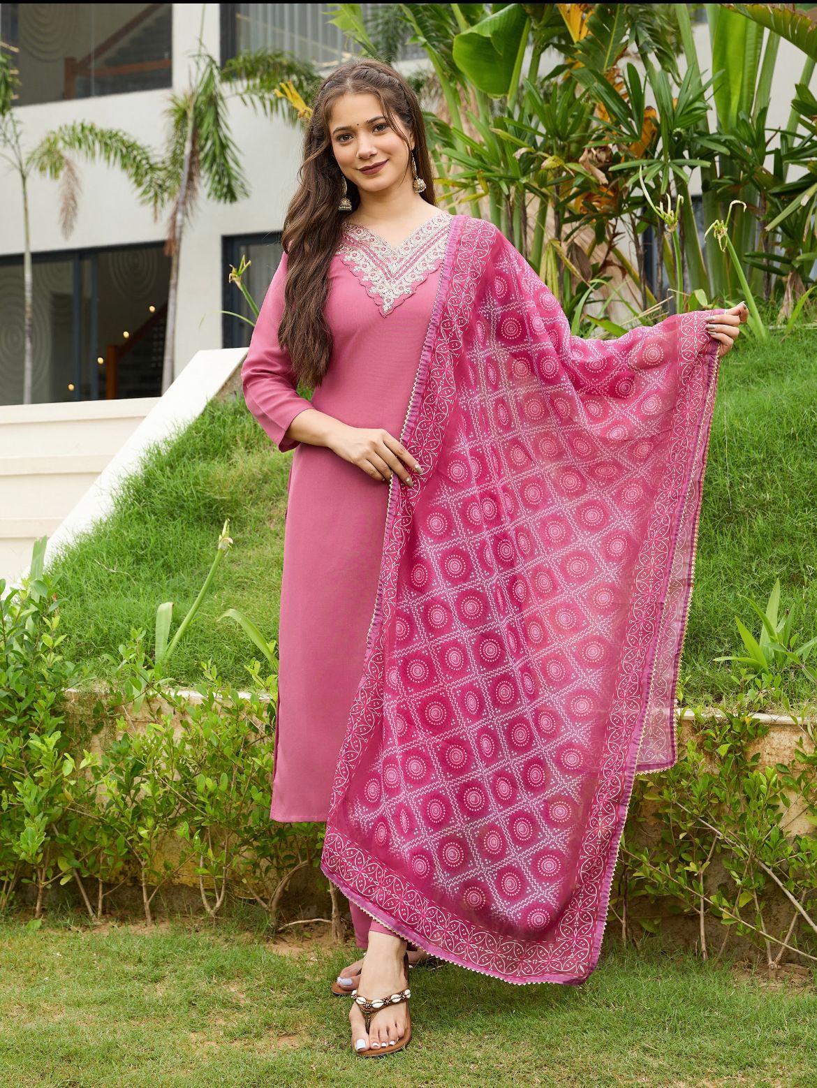 Pink Women's Rayon Embroidered Kurta Set with Pant & Dupatta
