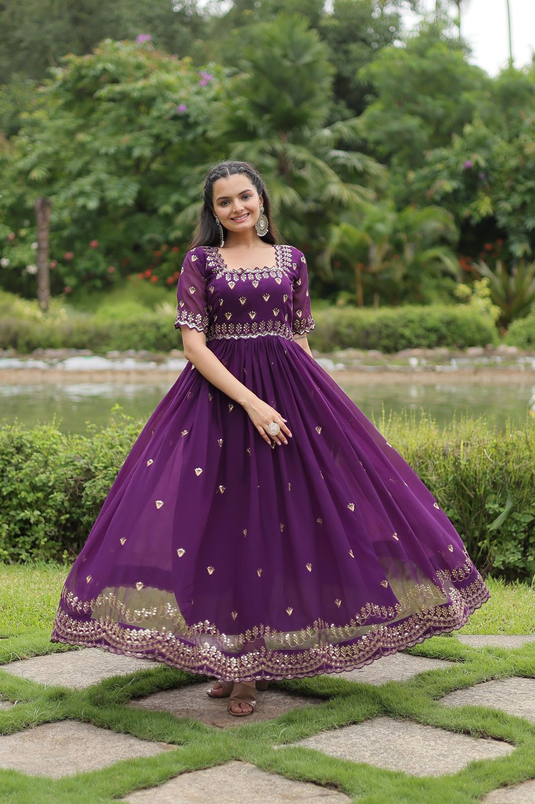 New Embroidery Zari Sequins Work Purple Gowns