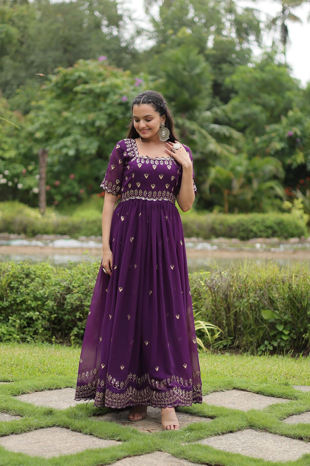New Embroidery Zari Sequins Work Purple Gowns