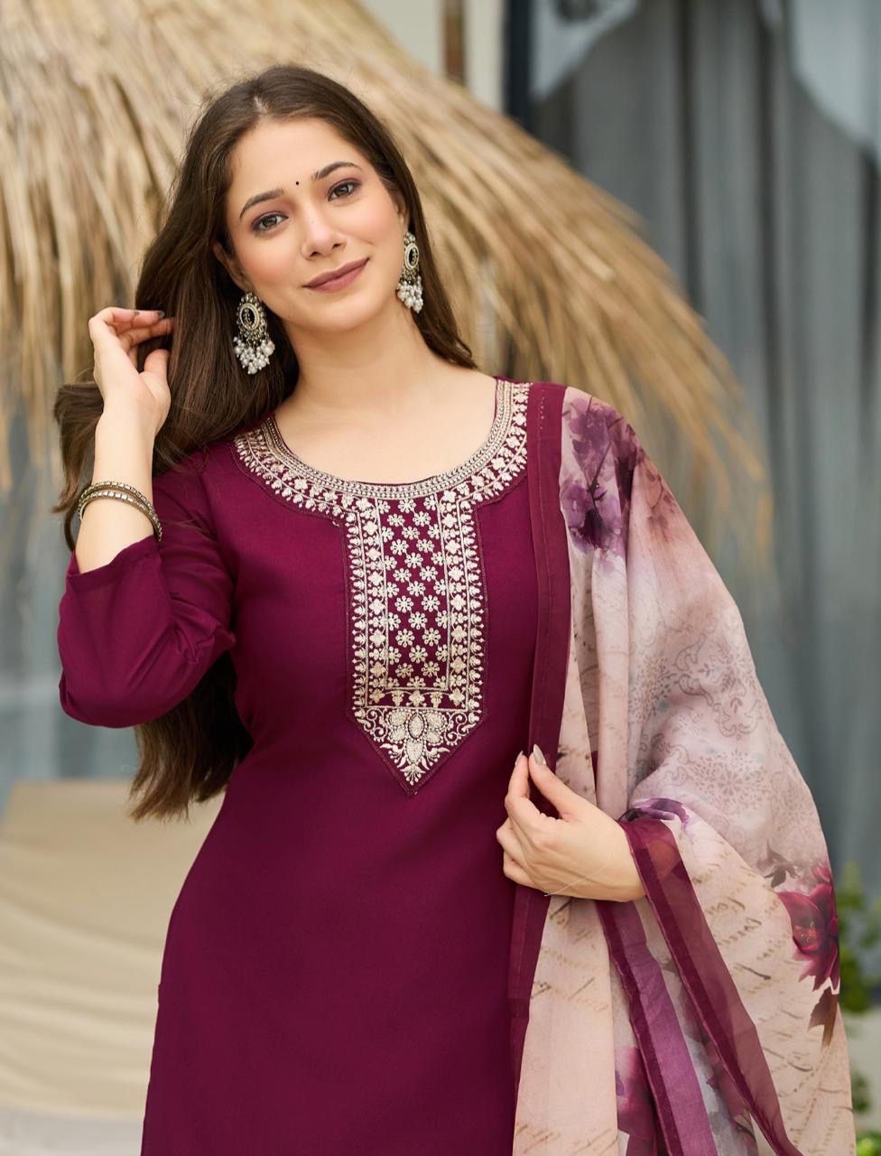 Women's Rayon Embroidered Kurta Set with Pant & Dupatta