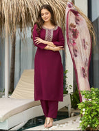 Women's Rayon Embroidered Kurta Set with Pant & Dupatta