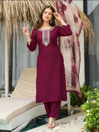 Women's Rayon Embroidered Kurta Set with Pant & Dupatta