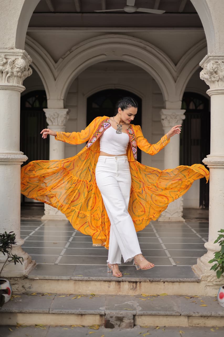 Yellow Shrug for Navratri in Georgette With Bandhani and Kutchi Gamthi Work