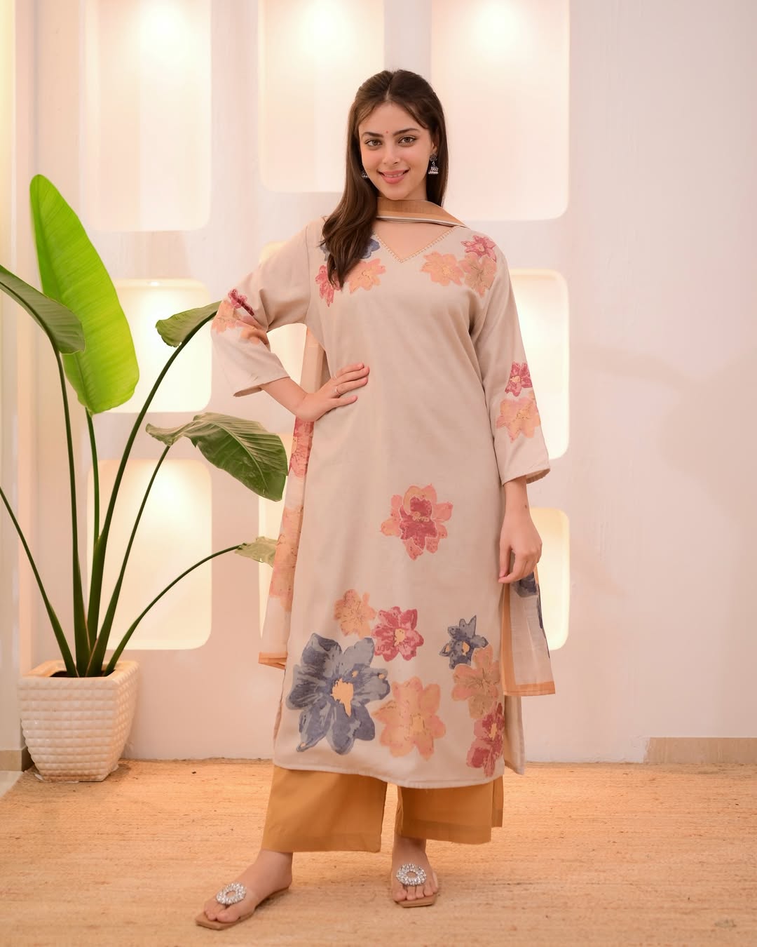 Floral Printed and Hand Embroidered Kurta with Pant and Dupatta