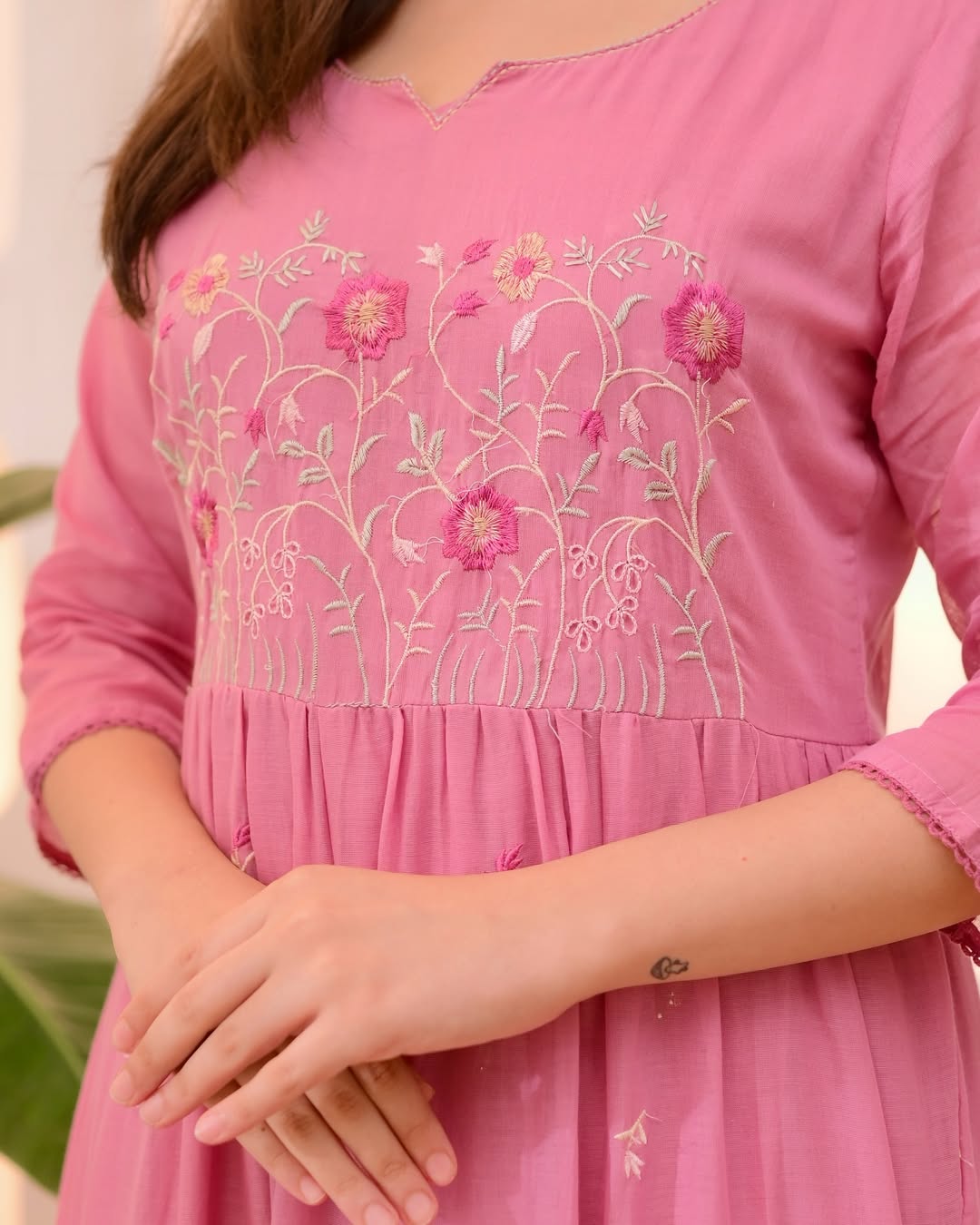Onion Pink Tiered Threadwork Mul Cotton A Line Suit