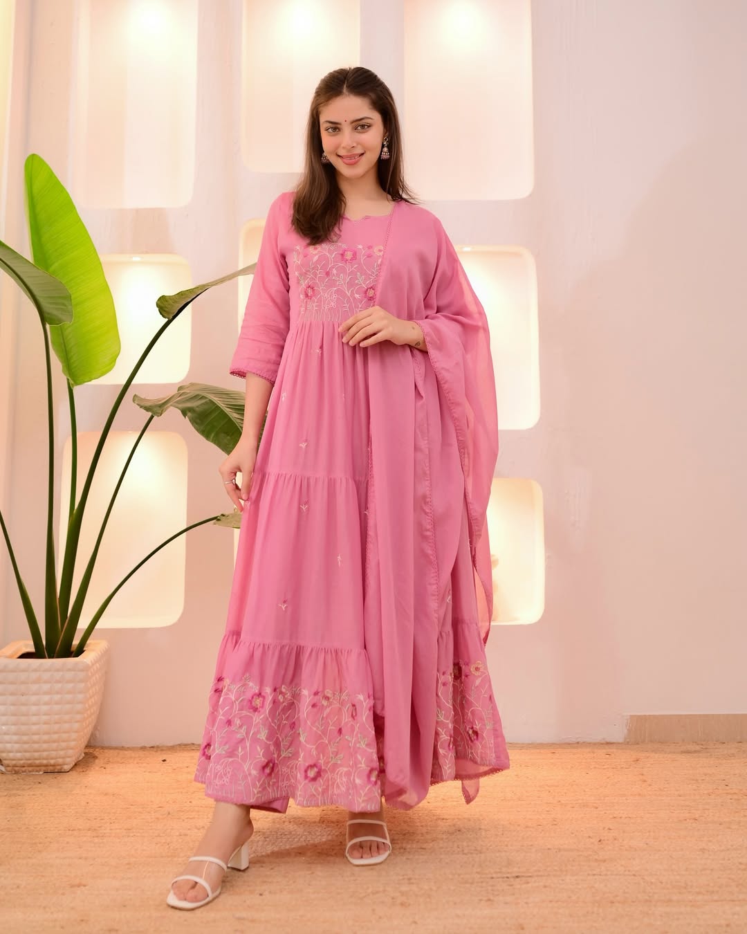 Onion Pink Tiered Threadwork Mul Cotton A Line Suit