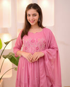 Onion Pink Tiered Threadwork Mul Cotton A Line Suit