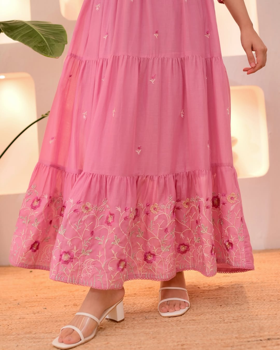 Onion Pink Tiered Threadwork Mul Cotton A Line Suit