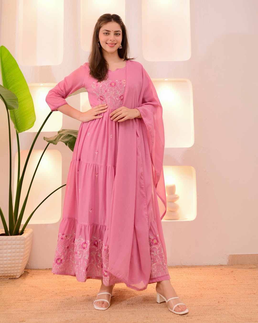 Onion Pink Tiered Threadwork Mul Cotton A Line Suit