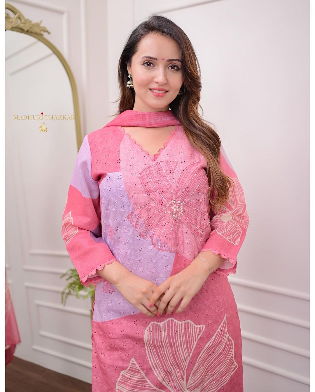 Rose Pink Schiffli Handwork Linen Suit